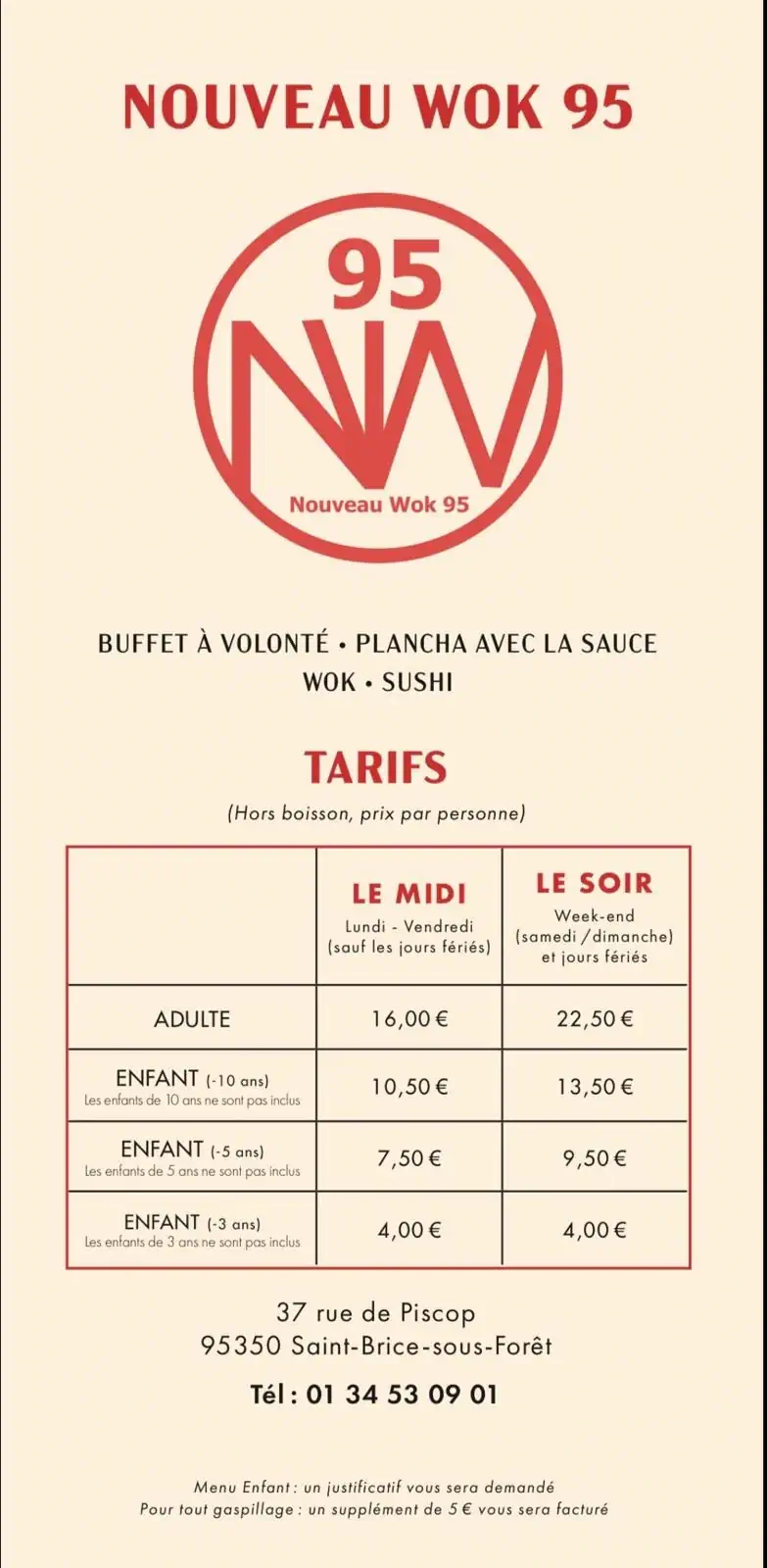 Tarifs restaurant